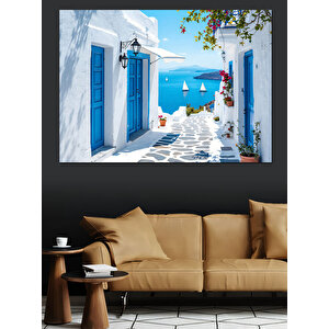 Mavi Kapılı Beyaz Ev Dekoratif Kanvas - Mdf Ahşap Tablo