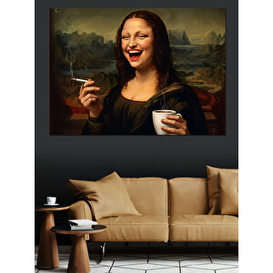 Kahve İçen Mona Lisa Dekoratif Kanvas - Mdf Ahşap Tablo 35x50 cm