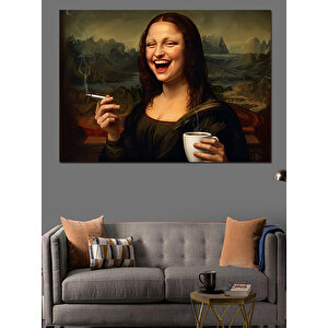 Kahve İçen Mona Lisa Dekoratif Kanvas - Mdf Ahşap Tablo