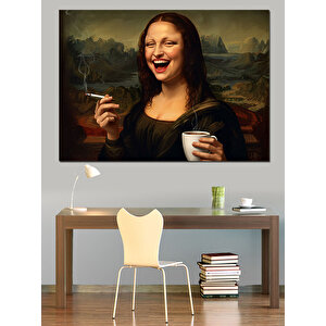 Kahve İçen Mona Lisa Dekoratif Kanvas - Mdf Ahşap Tablo