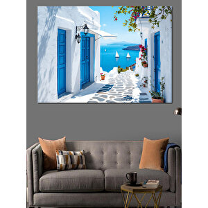 Mavi Kapılı Beyaz Ev Dekoratif Kanvas - Mdf Ahşap Tablo 50x70 cm