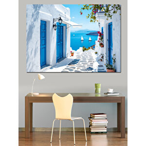 Mavi Kapılı Beyaz Ev Dekoratif Kanvas - Mdf Ahşap Tablo 35x50 cm