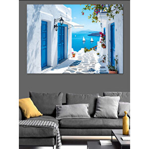 Mavi Kapılı Beyaz Ev Dekoratif Kanvas - Mdf Ahşap Tablo