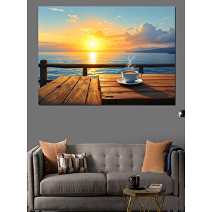 Gün Batımında Kahve Keyfi Dekoratif Kanvas - Mdf Ahşap Tablo 100x140 cm