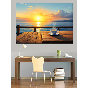 Gün Batımında Kahve Keyfi Dekoratif Kanvas - Mdf Ahşap Tablo 100x140 cm
