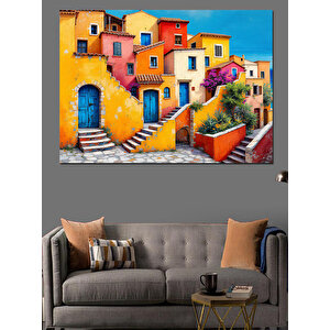Renkli Akdeniz Evleri Dekoratif Kanvas - Mdf Ahşap Tablo 70x100 cm
