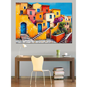 Renkli Akdeniz Evleri Dekoratif Kanvas - Mdf Ahşap Tablo 70x100 cm