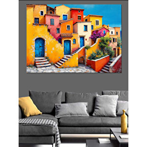 Renkli Akdeniz Evleri Dekoratif Kanvas - Mdf Ahşap Tablo 70x100 cm