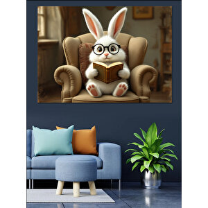 Kitap Okuyan Sevimli Tavşan Dekoratif Kanvas - Mdf Ahşap Tablo 35x50 cm