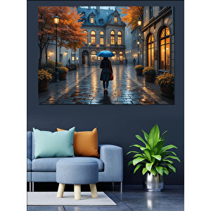Yağmurlu Akşam Şehir Yolu Dekoratif Kanvas - Mdf Ahşap Tablo 35x50 cm