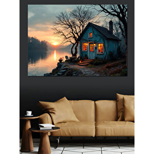 Göl Kenarında Yalnız Ev Dekoratif Kanvas - Mdf Ahşap Tablo 50x70 cm