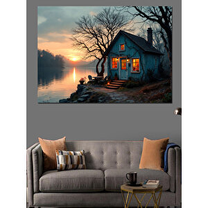 Göl Kenarında Yalnız Ev Dekoratif Kanvas - Mdf Ahşap Tablo 50x70 cm