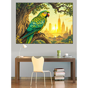 Şehir Manzaralı Papağan Dekoratif Kanvas - Mdf Ahşap Tablo 100x140 cm