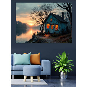 Göl Kenarında Yalnız Ev Dekoratif Kanvas - Mdf Ahşap Tablo 25x35 cm