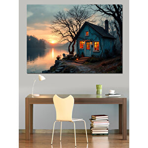 Göl Kenarında Yalnız Ev Dekoratif Kanvas - Mdf Ahşap Tablo