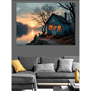 Göl Kenarında Yalnız Ev Dekoratif Kanvas - Mdf Ahşap Tablo