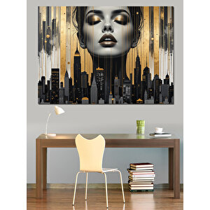 Altın Kadın Ve Şehir Dekoratif Kanvas - Mdf Ahşap Tablo 70x100 cm