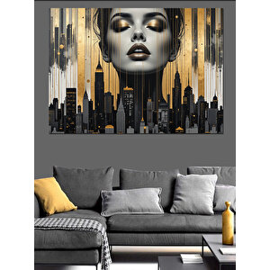 Altın Kadın Ve Şehir Dekoratif Kanvas - Mdf Ahşap Tablo 70x100 cm