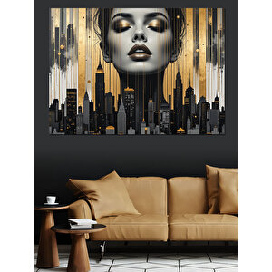 Altın Kadın Ve Şehir Dekoratif Kanvas - Mdf Ahşap Tablo 70x100 cm