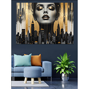 Altın Kadın Ve Şehir Dekoratif Kanvas - Mdf Ahşap Tablo