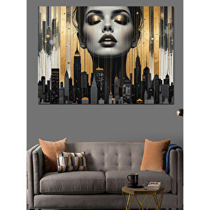 Altın Kadın Ve Şehir Dekoratif Kanvas - Mdf Ahşap Tablo