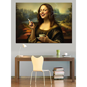 Kahve İçen Mona Lisa Dekoratif Kanvas - Mdf Ahşap Tablo 100x140 cm
