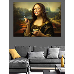 Kahve İçen Mona Lisa Dekoratif Kanvas - Mdf Ahşap Tablo 100x140 cm