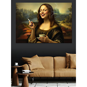 Kahve İçen Mona Lisa Dekoratif Kanvas - Mdf Ahşap Tablo