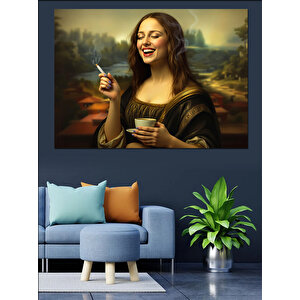 Kahve İçen Mona Lisa Dekoratif Kanvas - Mdf Ahşap Tablo