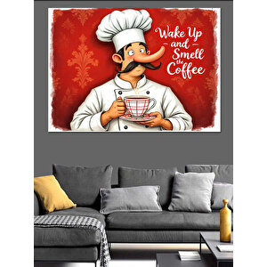 Kahve Tutan Şef Karakter Dekoratif Kanvas - Mdf Ahşap Tablo 100x140 cm