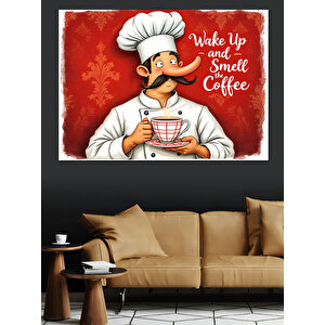 Kahve Tutan Şef Karakter Dekoratif Kanvas - Mdf Ahşap Tablo 100x140 cm