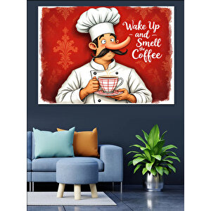 Kahve Tutan Şef Karakter Dekoratif Kanvas - Mdf Ahşap Tablo 100x140 cm