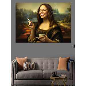 Kahve İçen Mona Lisa Dekoratif Kanvas - Mdf Ahşap Tablo 70x100 cm