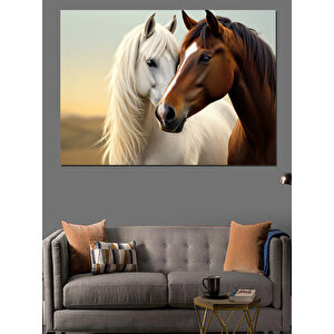 Kahverengi Beyaz Sarılan Atlar Dekoratif Kanvas - Mdf Ahşap Tablo 100x140 cm