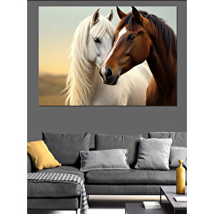Kahverengi Beyaz Sarılan Atlar Dekoratif Kanvas - Mdf Ahşap Tablo 100x140 cm