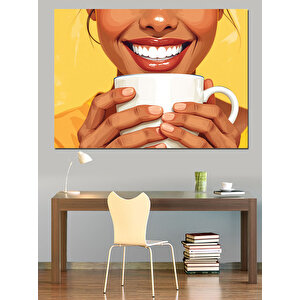 Gülümseyen Kahve Kadını Dekoratif Kanvas - Mdf Ahşap Tablo 35x50 cm