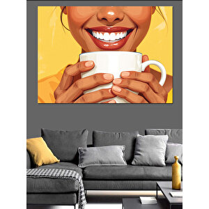 Gülümseyen Kahve Kadını Dekoratif Kanvas - Mdf Ahşap Tablo 35x50 cm