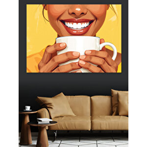 Gülümseyen Kahve Kadını Dekoratif Kanvas - Mdf Ahşap Tablo 35x50 cm