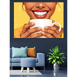 Gülümseyen Kahve Kadını Dekoratif Kanvas - Mdf Ahşap Tablo