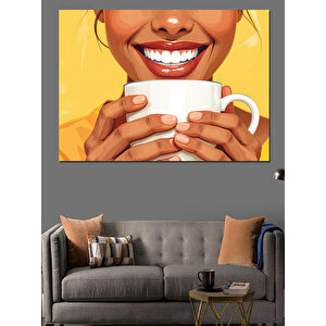 Gülümseyen Kahve Kadını Dekoratif Kanvas - Mdf Ahşap Tablo