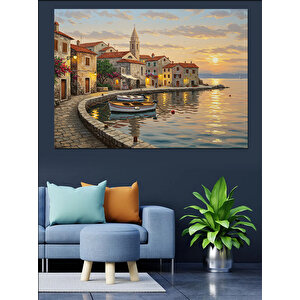 Deniz Kenarı Taş Evli Şehir Dekoratif Kanvas - Mdf Ahşap Tablo