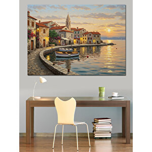 Deniz Kenarı Taş Evli Şehir Dekoratif Kanvas - Mdf Ahşap Tablo 35x50 cm