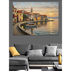 Deniz Kenarı Taş Evli Şehir Dekoratif Kanvas - Mdf Ahşap Tablo 35x50 cm