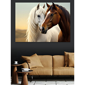 Kahverengi Beyaz Sarılan Atlar Dekoratif Kanvas - Mdf Ahşap Tablo