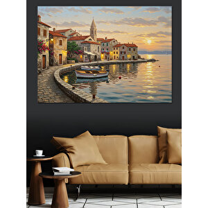 Deniz Kenarı Taş Evli Şehir Dekoratif Kanvas - Mdf Ahşap Tablo 100x140 cm