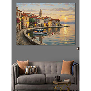 Deniz Kenarı Taş Evli Şehir Dekoratif Kanvas - Mdf Ahşap Tablo