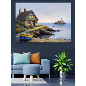 Deniz Kıyısında Taş Ev Dekoratif Kanvas - Mdf Ahşap Tablo 70x100 cm
