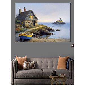 Deniz Kıyısında Taş Ev Dekoratif Kanvas - Mdf Ahşap Tablo 50x70 cm