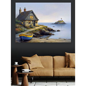 Deniz Kıyısında Taş Ev Dekoratif Kanvas - Mdf Ahşap Tablo 100x140 cm