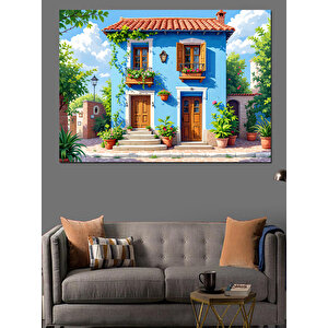 Mavi Panjurlu Taş Ev Dekoratif Kanvas - Mdf Ahşap Tablo 35x50 cm